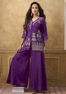 Purple chinnon cotton embroidered v-neck 2 piece set with circular palazzo for women 1
