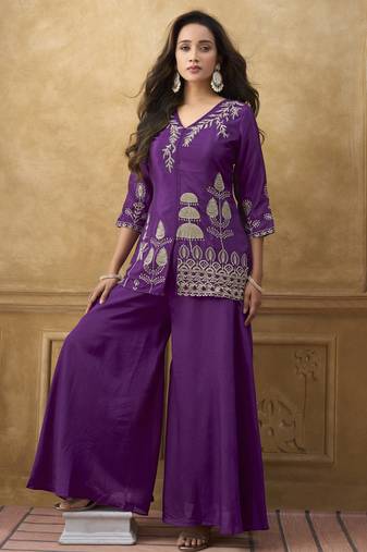 Purple chinnon cotton embroidered v-neck 2 piece set with circular palazzo for women