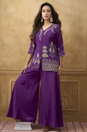 Purple chinnon cotton embroidered v-neck 2 piece set with circular palazzo for women