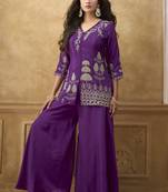 Purple chinnon cotton embroidered v-neck 2 piece set with circular palazzo for women