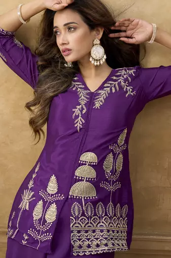 Purple chinnon cotton embroidered v-neck 2 piece set with circular palazzo for women