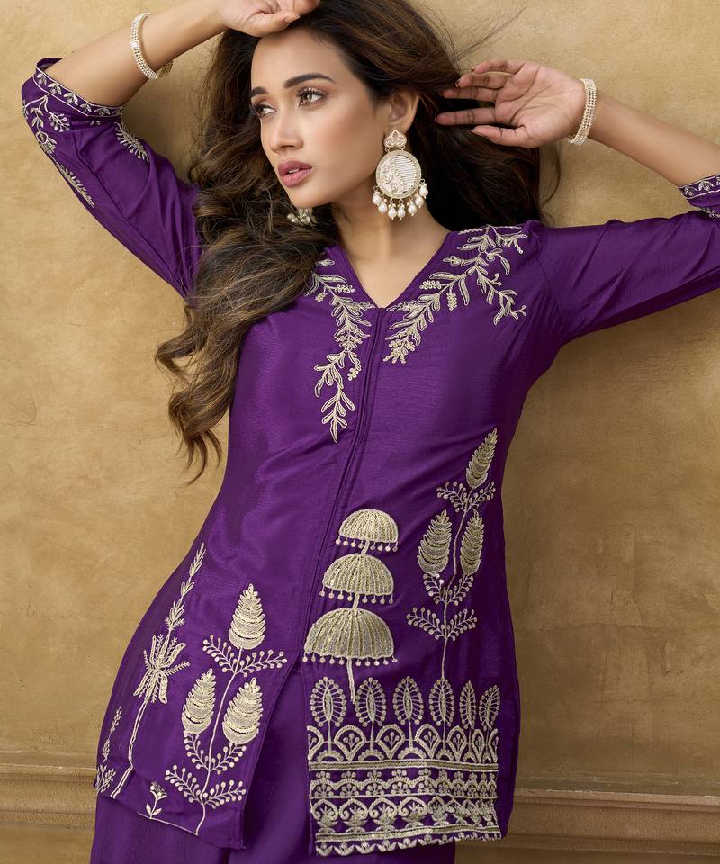 Purple chinnon cotton embroidered v-neck 2 piece set with circular palazzo for women
