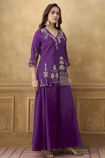 Purple chinnon cotton embroidered v-neck 2 piece set with circular palazzo for women