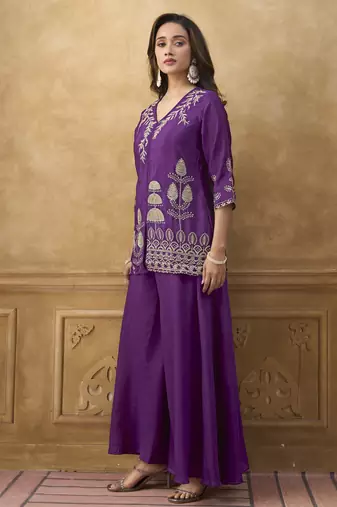 Purple chinnon cotton embroidered v-neck 2 piece set with circular palazzo for women
