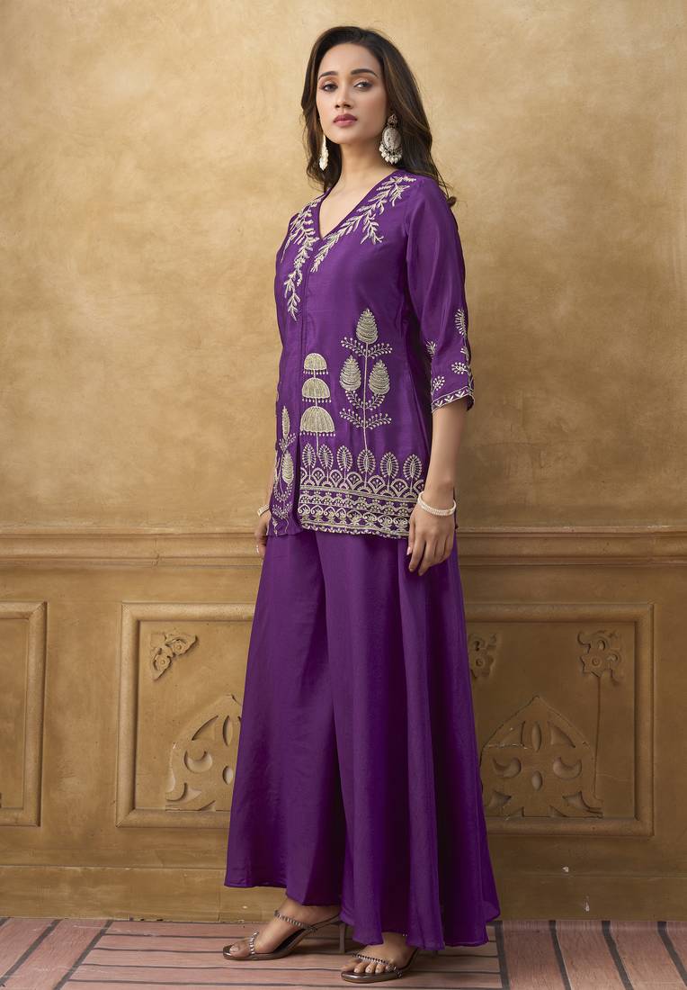 Purple chinnon cotton embroidered v-neck 2 piece set with circular palazzo for women