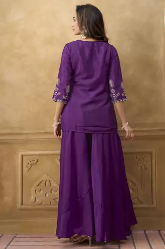 Purple chinnon cotton embroidered v-neck 2 piece set with circular palazzo for women