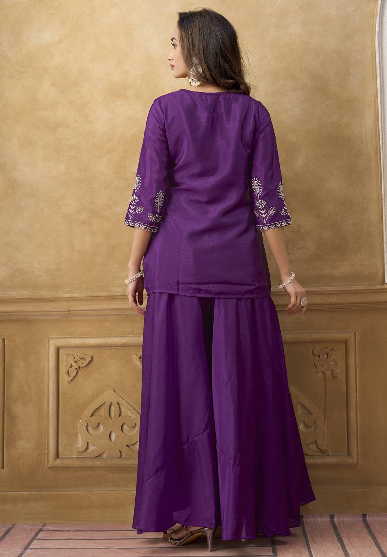 Purple chinnon cotton embroidered v-neck 2 piece set with circular palazzo for women