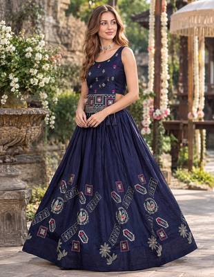 Navy Silk Blend Readymade Navratri Lehenga Choli with Thread & Sequence Work 1