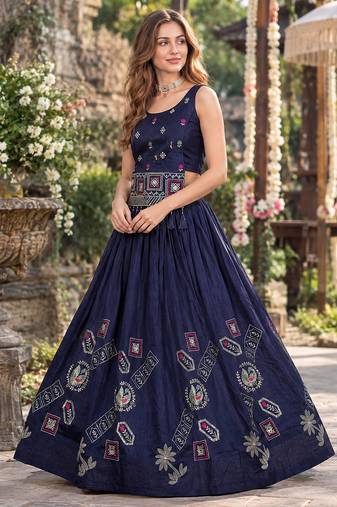 Navy Silk Blend Readymade Navratri Lehenga Choli with Thread & Sequin Work