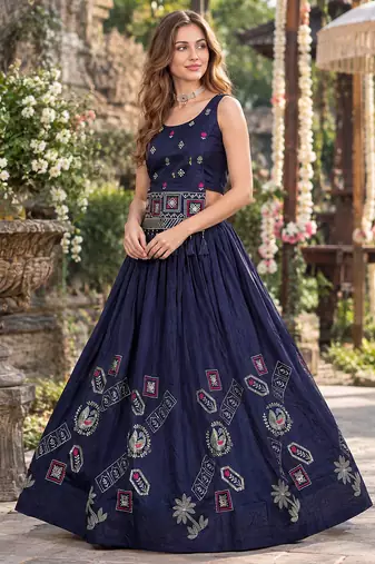 Navy Silk Blend Readymade Navratri Lehenga Choli with Thread & Sequence Work