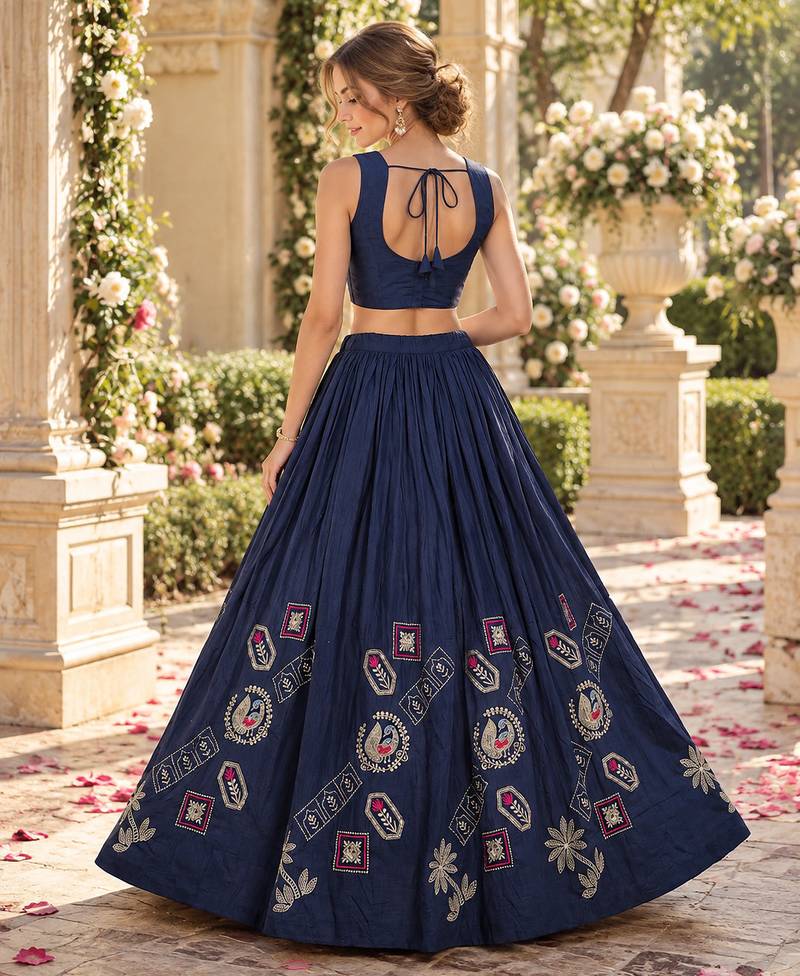 Navy Silk Blend Readymade Navratri Lehenga Choli with Thread & Sequence Work
