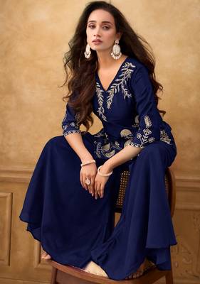 Blue chinnon cotton embroidered v-neck 2 piece set with circular palazzo for women 2