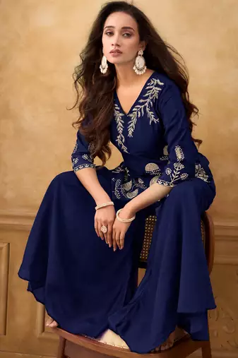 Blue chinnon cotton embroidered v-neck 2 piece set with circular palazzo for women
