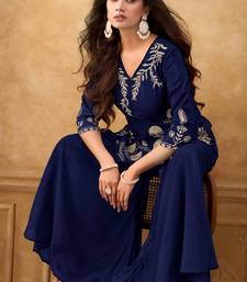 Blue chinnon cotton embroidered v-neck 2 piece set with circular palazzo for women