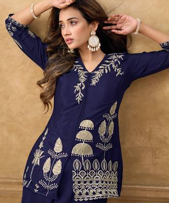 Blue chinnon cotton embroidered v-neck 2 piece set with circular palazzo for women 3