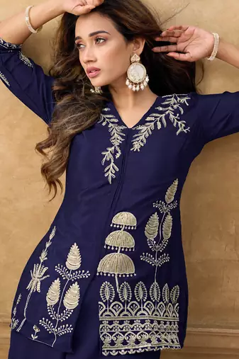 Blue chinnon cotton embroidered v-neck 2 piece set with circular palazzo for women