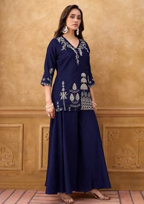 Blue chinnon cotton embroidered v-neck 2 piece set with circular palazzo for women 1