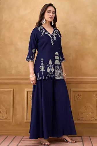 Blue chinnon cotton embroidered v-neck 2 piece set with circular palazzo for women