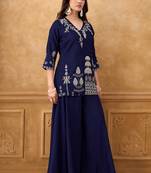 Blue chinnon cotton embroidered v-neck 2 piece set with circular palazzo for women