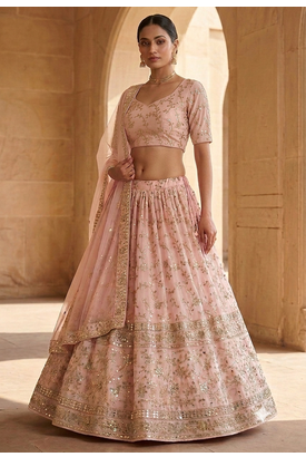 PEACH EMBROIDERED GEORGETTE FLAIRED LEHENGA CHOLI WITH DUPATTA 2