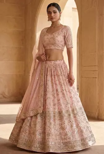 PEACH EMBROIDERED GEORGETTE FLAIRED LEHENGA CHOLI WITH DUPATTA