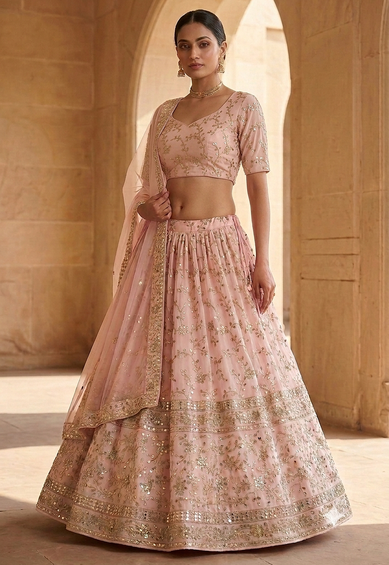 PEACH EMBROIDERED GEORGETTE FLAIRED LEHENGA CHOLI WITH DUPATTA