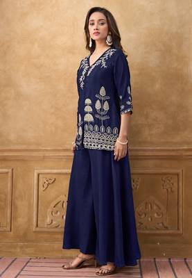 Blue chinnon cotton embroidered v-neck 2 piece set with circular palazzo for women 4