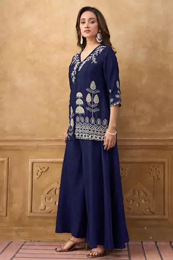 Blue chinnon cotton embroidered v-neck 2 piece set with circular palazzo for women