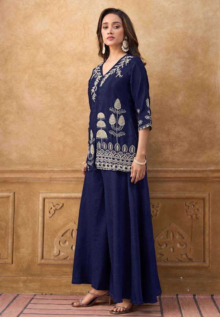 Blue chinnon cotton embroidered v-neck 2 piece set with circular palazzo for women
