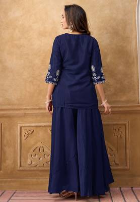 Blue chinnon cotton embroidered v-neck 2 piece set with circular palazzo for women 5
