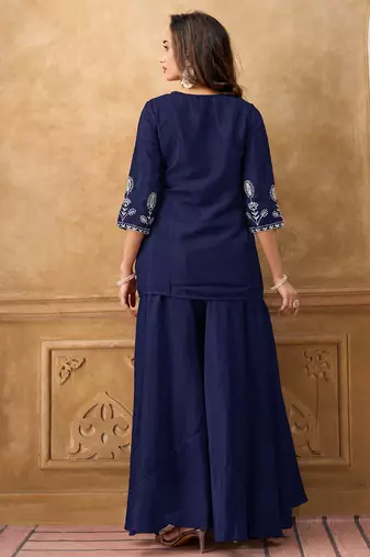 Blue chinnon cotton embroidered v-neck 2 piece set with circular palazzo for women