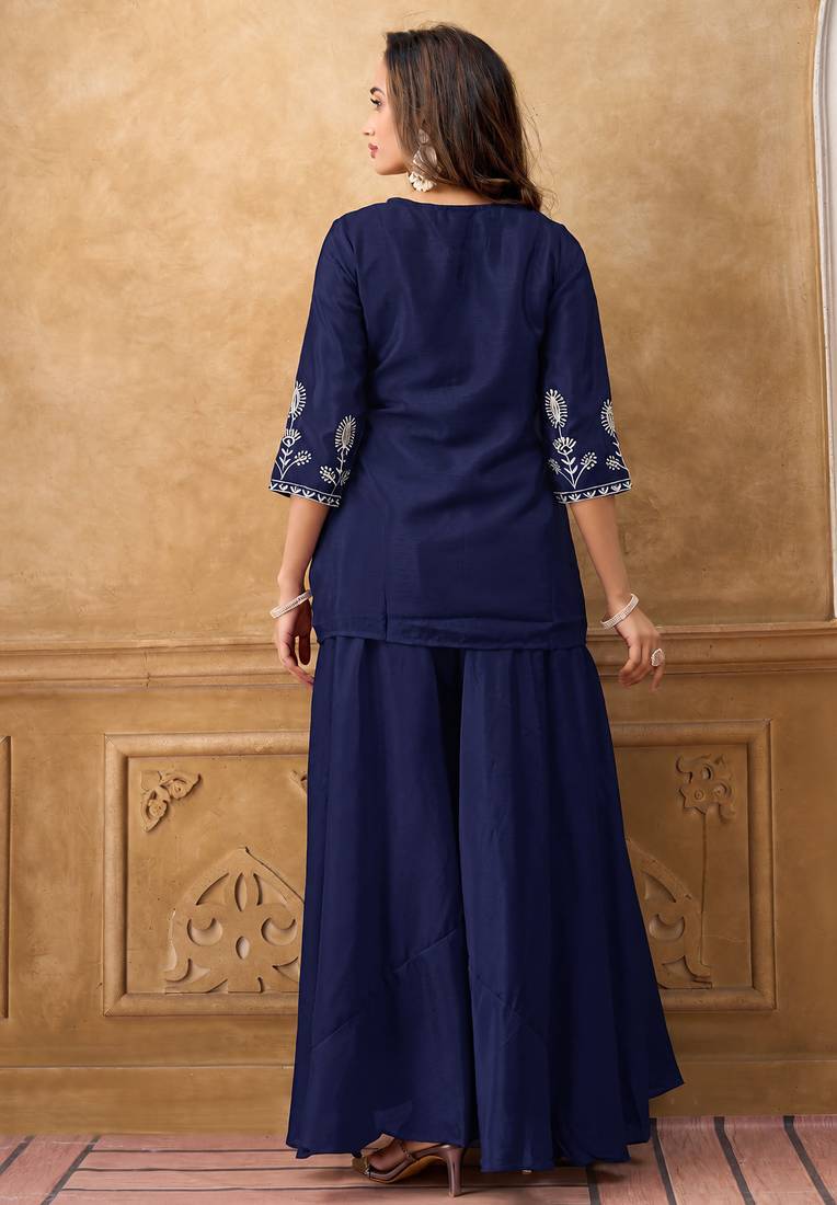 Blue chinnon cotton embroidered v-neck 2 piece set with circular palazzo for women