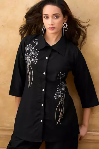 Black cotton blend embroidered shirt style co-ord set for women
