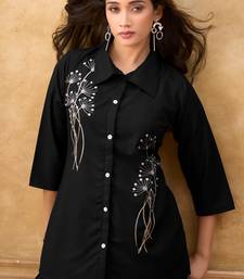 Black cotton blend embroidered shirt style co-ord set for women