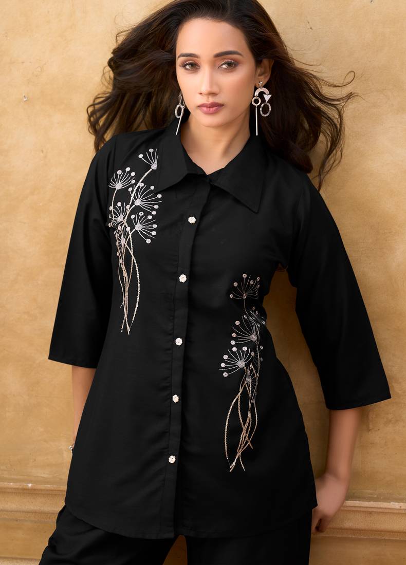 Black cotton blend embroidered shirt style co-ord set for women