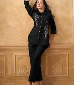 Black cotton blend embroidered shirt style co-ord set for women