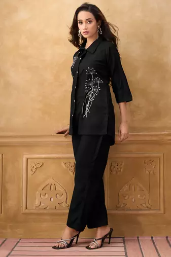 Black cotton blend embroidered shirt style co-ord set for women