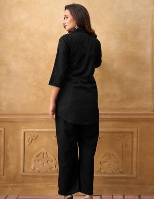 Black cotton blend embroidered shirt style co-ord set for women 5