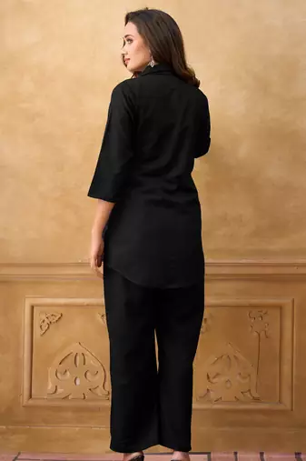 Black cotton blend embroidered shirt style co-ord set for women
