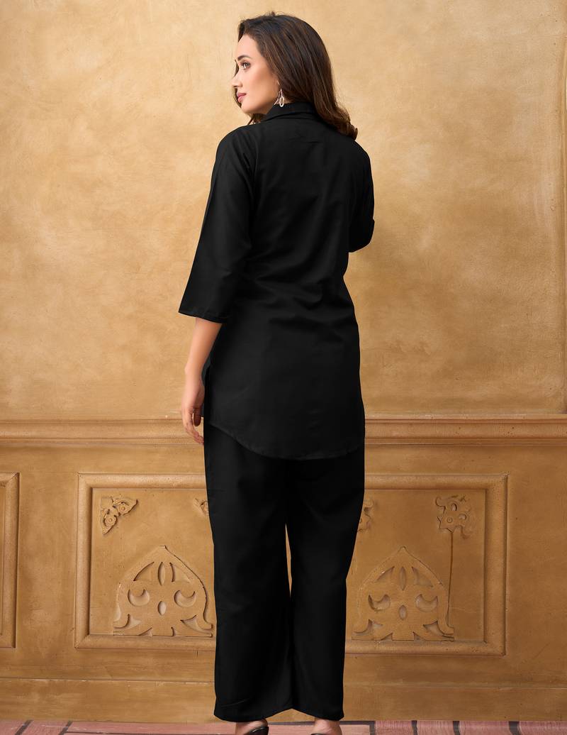 Black cotton blend embroidered shirt style co-ord set for women