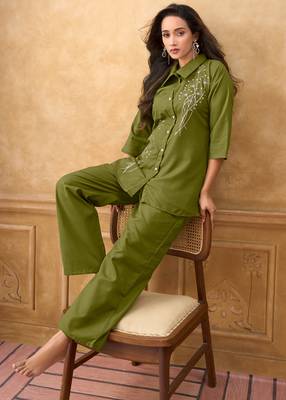 Green cotton blend embroidered shirt style co-ord set for women 1