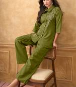 Green cotton blend embroidered shirt style co-ord set for women