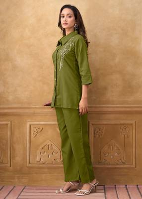 Green cotton blend embroidered shirt style co-ord set for women 3