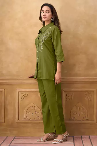 Green cotton blend embroidered shirt style co-ord set for women