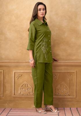 Green cotton blend embroidered shirt style co-ord set for women 4