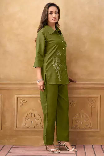 Green cotton blend embroidered shirt style co-ord set for women