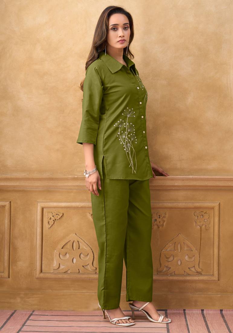 Green cotton blend embroidered shirt style co-ord set for women