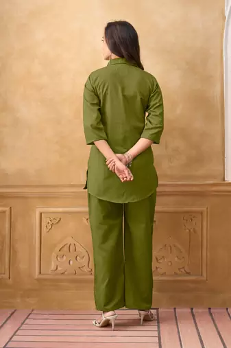 Green cotton blend embroidered shirt style co-ord set for women