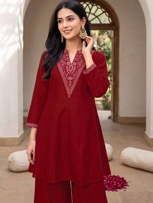 Red premium vichitra silk stand collar v-neck embroidered kurta palazzo 2 piece co-ord sets for women 1