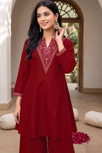 Red premium vichitra silk stand collar v-neck embroidered kurta palazzo 2 piece co-ord sets for women